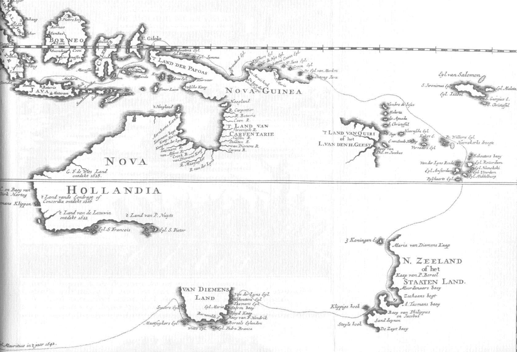 Kaart eerste expeditie van Abel Tasman